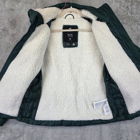 Hollister Jacket Womens Medium Puffer Hooded Sherpa Lined Recycled Fill Warm - Picture 10 of 13